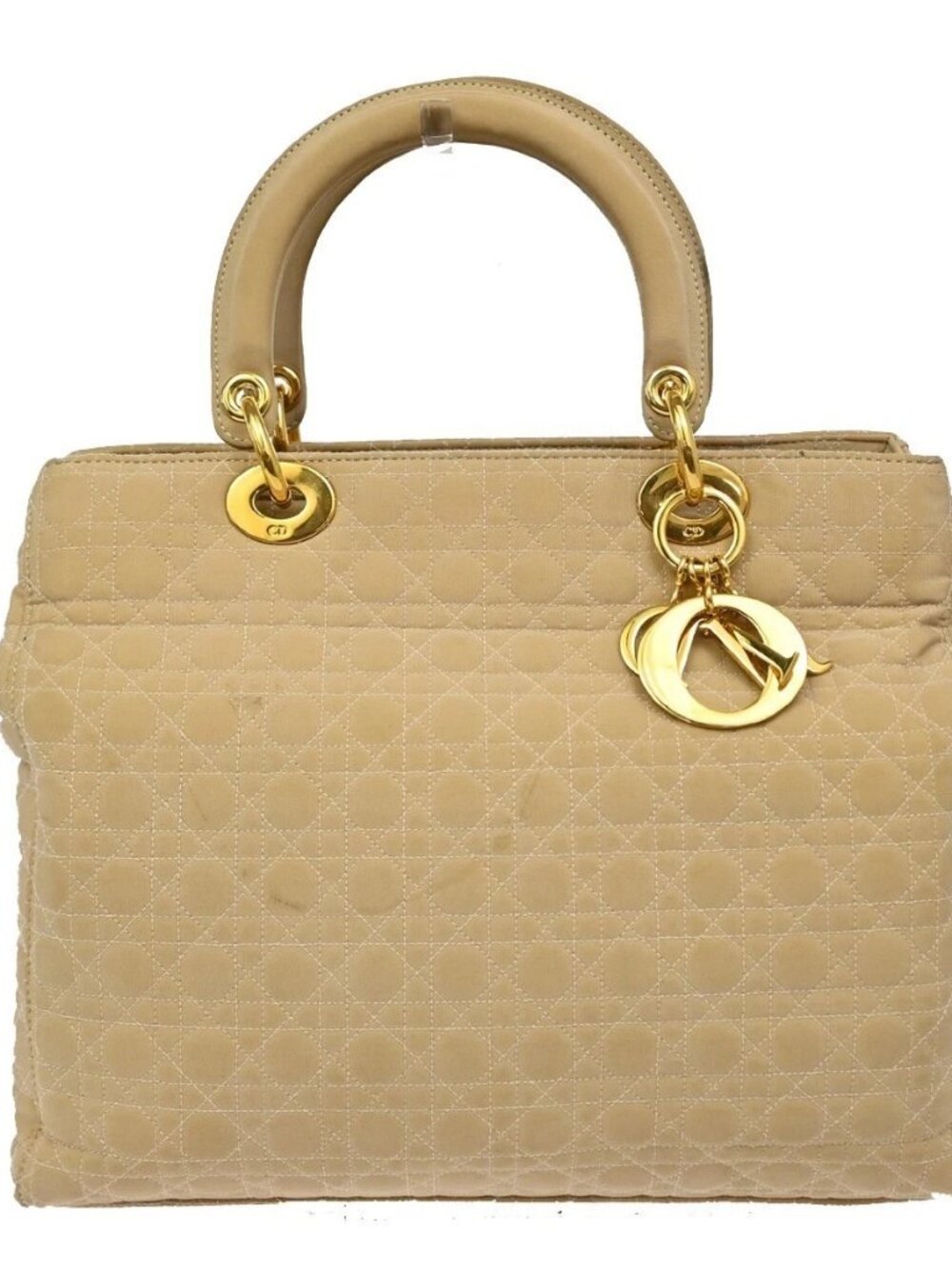 CHRISTIAN DIOR Lady Cannage Tote Hand Bag Nylon Leather Beige GHW Italy 82EF879